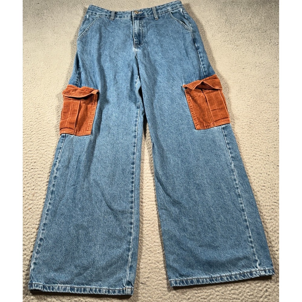 Forever 21 Cargo Jeans Womens 28x30 Blue Denim Corduroy Flap Pockets‎ Wide Leg